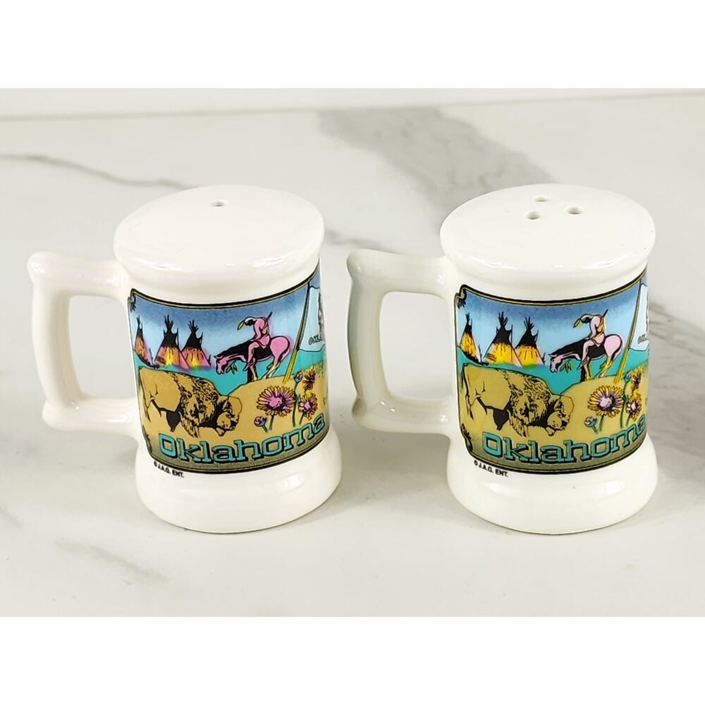 Oklahoma Salt & Pepper Shakers Souvenir 2 1/2" Mug Shaped Porcelain 80's Vintage